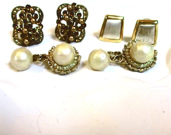 Set of 3 vntg clip-back earrings: signed - Bergere & Carolee are faux pearls -rhinestone, LC silver-gold tone modern. Estate sale # 2482
