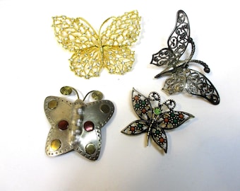 Butterfly Brooches: lot of 4 vintage pins. Varied metals, rhinestones. Wearable, package toppers. #2741