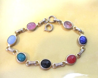 Vintage Scarab Bracelet, Costume jewelry,  bezel set multi- colored.  #2776