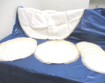 Vintage Tatted 13 pc Table Mat Set: White Linen Placemats, Coasters, Centerpiece, L120
