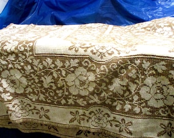 Vintage Brown & White Lace Tablecloth (60x76), 3 snags, 2 stains L122