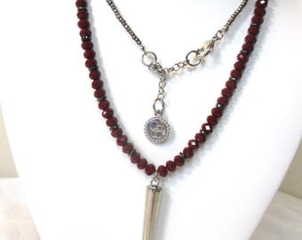 Vintage cranberry glass crystal cut beads, silvertone pendant, and silvertone metal seed beads + spacers. # SJ217