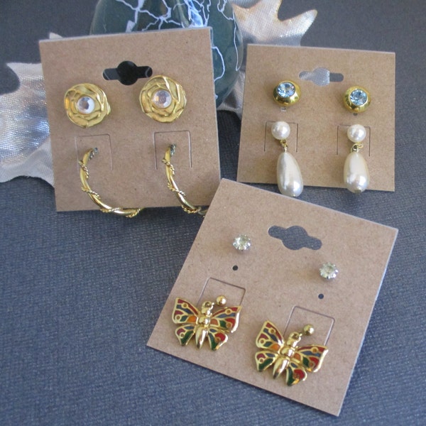 Set of 6 Pr, Pierced Earrings: CZ, aqua, rhinestones; enameled butterfly, goldtone hoop, faux pearl drop. Vintage, Estate sale items EP106