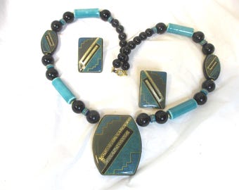 Vintage Ceramic pendant necklace & pierced earrings, teal-black-gold. #2770