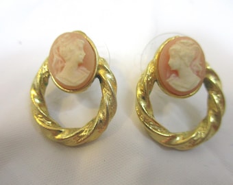 Vintage Cameo Pierced Hoop Earrings, 10K gf. #2621