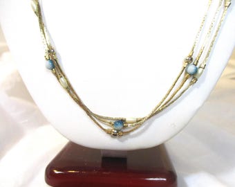 Vintage 3-strand Goldtone Cobra Chain Necklace, Pearl & Variegated Bead Stations, 2632