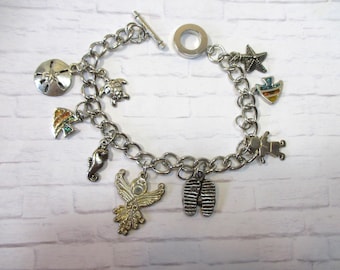 Beach- Ocean Charms Bracelet, Silver tone Links & 9 charms. #2773