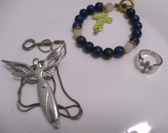 Mixed group vintage religious items: bracelet, size 10 ring with rhinestones, angel pendant/pin, 23" snake necklace. Estate Sale rescue G018