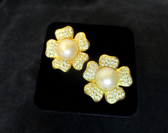 Pave Rhinestone & Faux Pearl Flower Statement Earrings. Vintage #2703