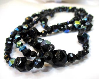 Vintage 46" "black"/ variegated metallic-night colored  faceted beads, multi-sized / colored. From 90's. SJ216