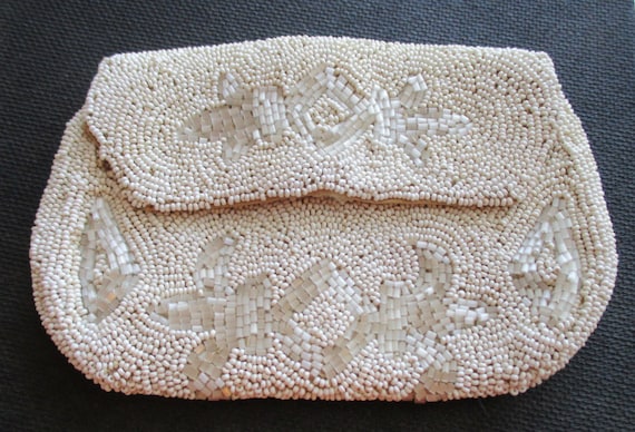 Beaded Evening Bag: Prom Perfect. Off-White Wristlet Clutch Purse,  Multiple uses- Cocktail, Black Dress, Party Clutch, vintage beaded purse