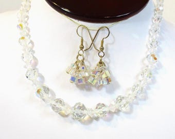 AB Crystal 2 pc group: AB crystal 16 1/2" Single-strand Choker, AB crystal pierced earrings with 8 dangle cubes. Estate sale rescues #2553