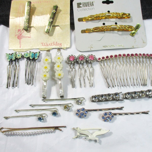 20 Vintage Hair Accessories: Group of rhinestoned, painted, metal barrettes, pins, combs. Collected at Estate Sales. #2276