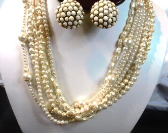 6 strand multi-pearl styled necklace with unique cream rhinestone pierced earrings, 2 pc OOAK group; estate sale discoveries #2434