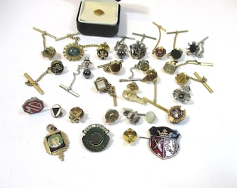 Vintage collection 16 tie tacs with chains, + some mis, some signed #G110