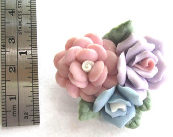 Polymer Clay Rose Pin, Pink Lavender Blue, Vintage Floral Brooch