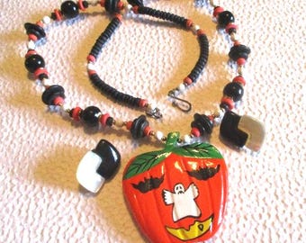 Vintage Halloween Necklace and Clip Earrings: Wooden Pumpkin Pendant Set