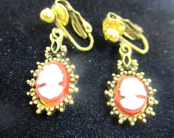 Vintage Cameo, in goldtone setting, clip-on earrings. Delicate size. 1" drop, 1/2" cameo.  #2622