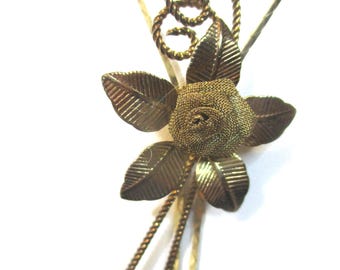 Vintage Coppertone Floral Rose Lariat / Bolo, Adjustable Slide Necklace. Cobra Chain. # 2698