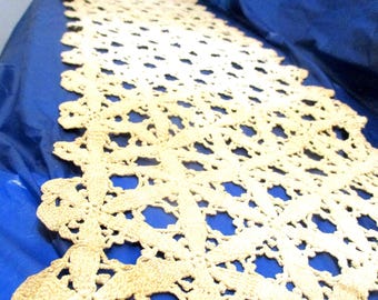 Vintage Hand Crocheted Table Runner, Ecru Heirloom, 12" x 36"