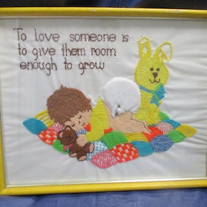 Vintage 1979 Crewel Stitchery:  Sleeping Baby on Quilted Blanket with Bear and Bunny. 11.5&quot; x 15&quot;. &quot;To love someone is . . . &quot;. Recraftable.