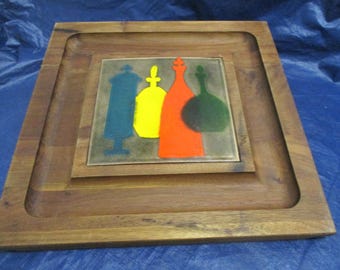 1970's Cheese & Cracker Tray, solid wood, laminated metal insert, knife area. Personal downsizing item. #2400