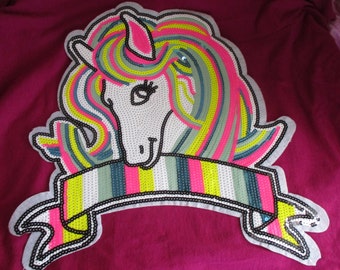 13" Gorgeous Rainbow Pony Sequin Applique, Retro Styling, Top Quality NEW Sew-On Patch, Back Patch, 13" x 13",  girl's room picture