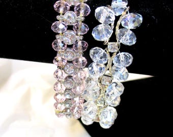 Two double row AB bead bracelets: one pink with silver accents & rhinestones and one clear with rhinestones. Estate sale rescues 2581