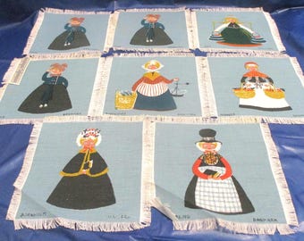 Vintage Danish Handprinted Cocktail Napkins, Set of 8