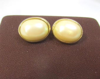 Richelieu Faux Pearl Pierced Earrings, Bezel Set Cabochons. #2618