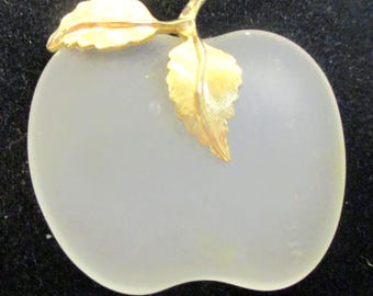 Vintage Frosted Glass Apple Pendant, golden leaves-stem. Avon product. # 2627