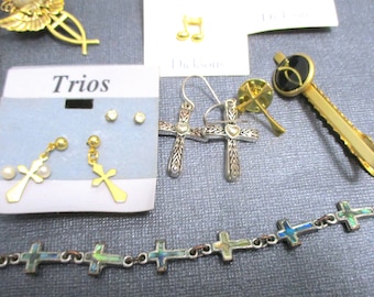 Lot of 24 pieces Religious Items: Earrings, bracelets, Pins. Crosses. Music notes.  Craftable. Destash. Vintage Estate sale finds #G011