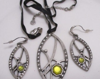 Fish - Ichthus Necklace - Pierced Earring Set, Silver with clear & yellow rhinestones. 2 1/2 in Fish Pendant. Vintage. Estate Sale Find G019