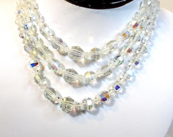 Vintage Graduated, Triple Strand Necklace of AB Crystal Beads, Luminescent. Recraftable. #2718