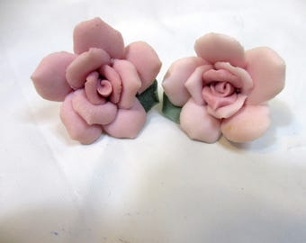 Pink Roses, Vintage Polymer Clay Pierced Earrings, new push backs. #2617