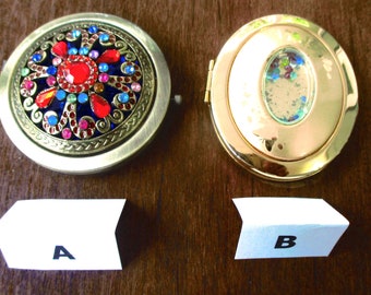 Double Mirror Compacts: choice of 2 - Domed Round Multi Color Rhinestones 2 3/4, Goldtone Oval 2 3/4 x 2 1/4. Vintage Estate Sale Finds G042