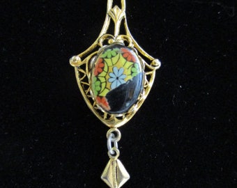 Delicate Avon Pendant, Colorful Enameled Center Stone, Filigree setting, Gold tone 17" link chain, Vintage Estate Jewelry item, SNAV106