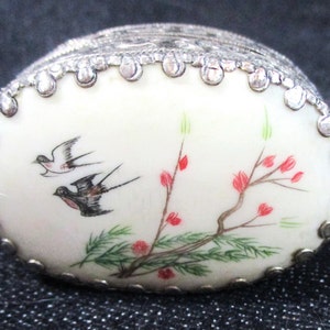 Silver & Painted ceramic pill box, Vintage trinket box, Compact. Mirror inside. Great surprise 'gifting box'. Estate Sale Find. #2249