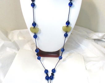 Vintage blue glass beaded / woven necklace,  34" long, blue cotton woven cording. #SJ220