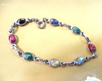 Vintage Bezel Set Agates, Silvertone Link Bracelet.  #2775