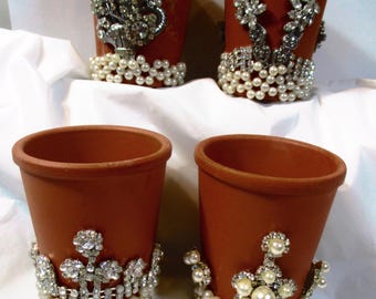 Set 4 OOAK center pieces, jeweled 3" terra cotta pots, vntg jewelry, recrafted, shower items, hostess gifts, rhinestones, faux pearls SJ192
