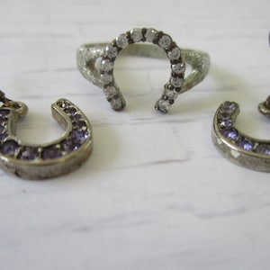 May include: A set of three silver horseshoe-shaped jewelry pieces. The ring has clear rhinestones, while the earrings have purple rhinestones.