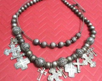 Vintage Religious Necklace set. 3 piece coordinated. Steel grey, filigree, silver-tone beads and symbols. Mix-match. Statement set. G014