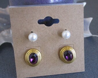 Vintage PIerced Earring Set- 6 Pr: amethyst, pear;. CZ, rhinestones. Estate sale items EP107