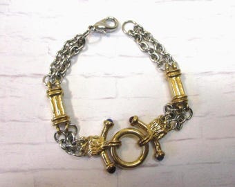 Vintage mixed style / metal bracelet > chains, 'pillars' , faux toggle closure. #2777