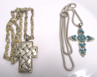 Cross Pendants. Set of 2: Woven lattice silver-toned on serpentine, plus turquoise colored stones  in detailed silvertone on snake. Vtg G017