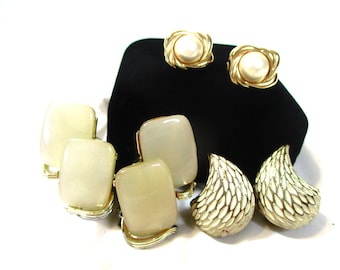 Set 3 pr signed clip-back earrings: Lisner thermoset, BSK enameled teardrop, Trifari goldtone square w/faux pearl. Estate sale finds # 2484