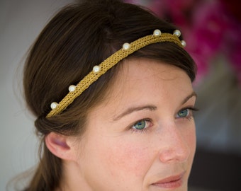 Headband Mailles dorées tricotées - 7 perles de cristal swarovski - fait main.