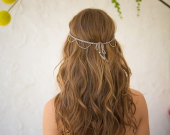 Headband vagues de perle nacrées sur base de coton gris clair à nouer - fait main.