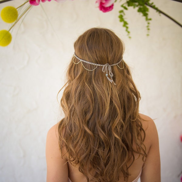 Headband vagues de perle nacrées sur base de coton gris clair à nouer - fait main.